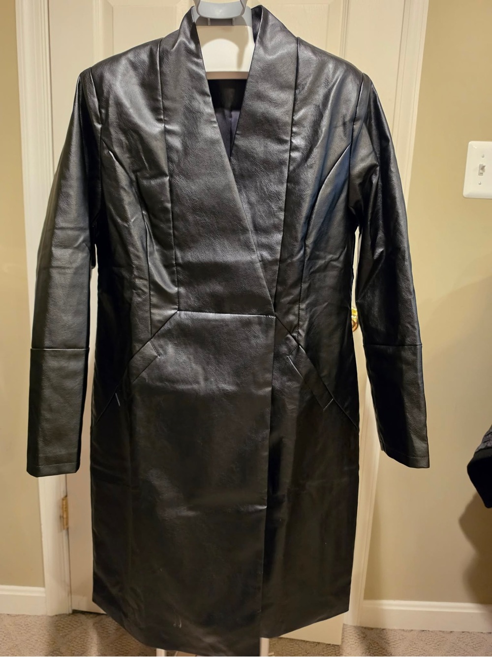Women's Black Faux Leather Long Jacket with Shawl Collar Size S